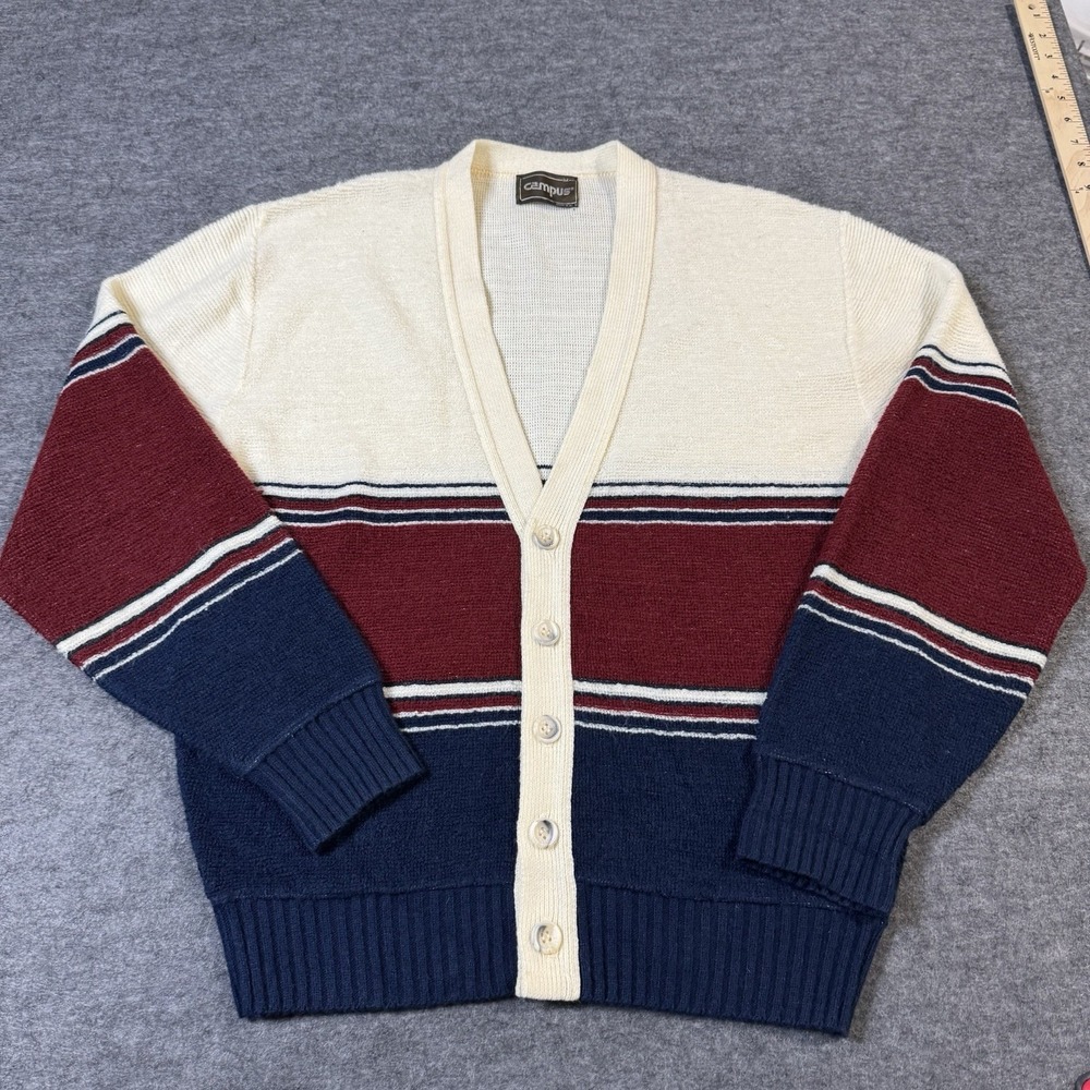 VTG 70s Campus Striped Wool Cardigan Mens M RARE Retro Indie Preppy Golf